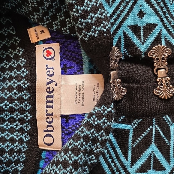 Obermeyer Fair Isle Wool Blend Blue and Black Sweater with Metal Buckles M - Picture 2 of 10